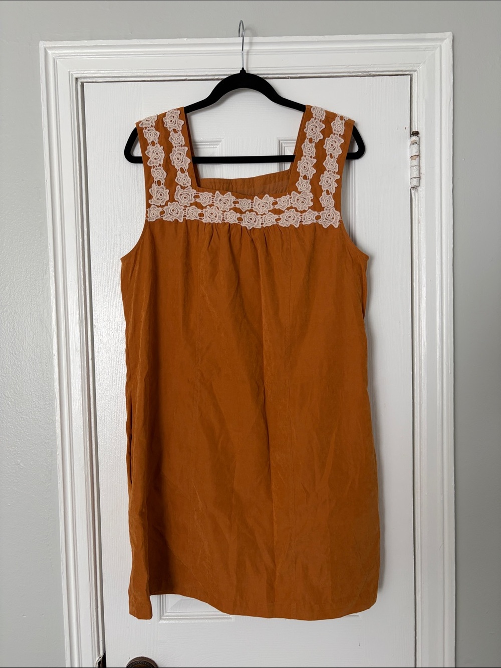 Anthropologie Rust Orange Sleeveless Dress with Cream Lace Yoke